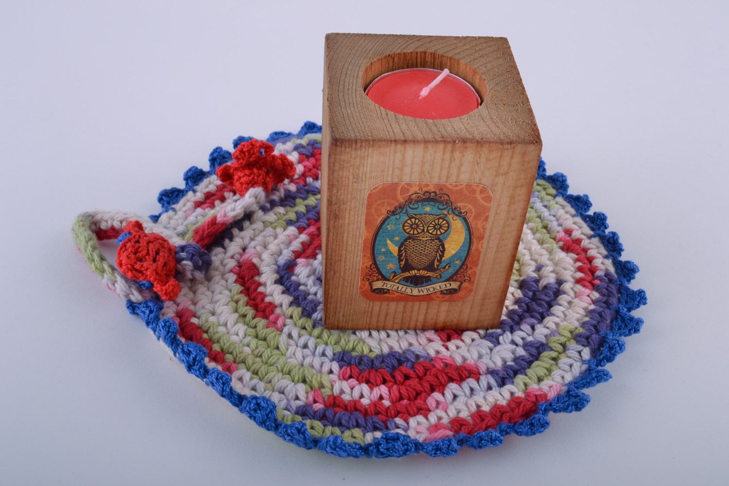Handmade Kerzenständer für Teeelicht aus Holzmassiv mit schönem Bild originell foto 1