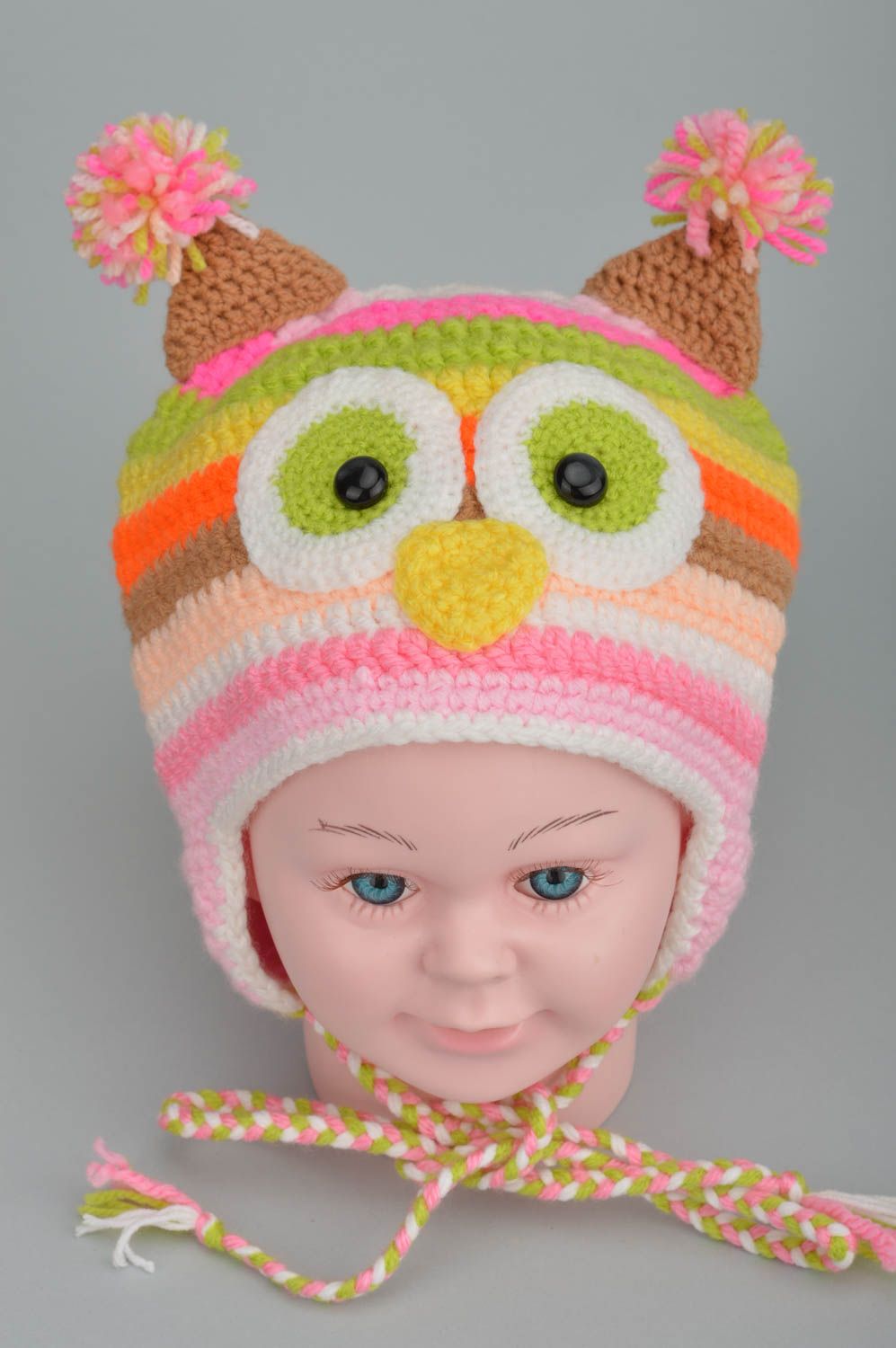 Unusual handmade beautiful crocheted cap in shape of owl on strings for kids photo 5