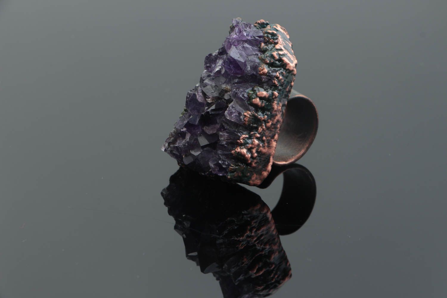 Massive handmade designer open type copper ring with natural amethyst stone photo 1
