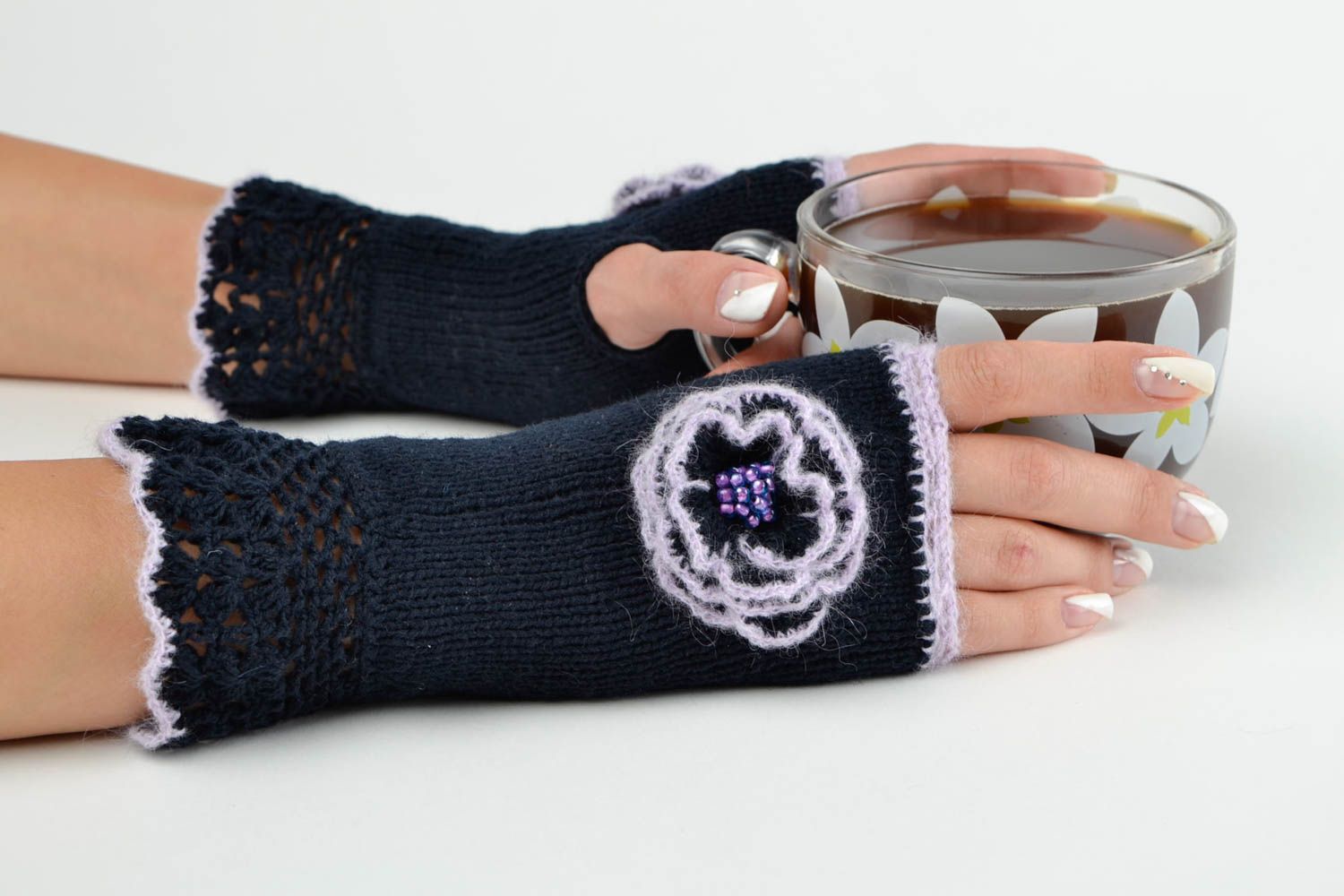 Mitaines tricot fait main Gants mitaines laine acrylique noir Accessoire femme photo 1
