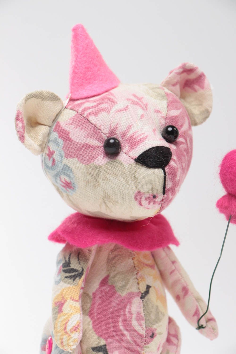 Handmade designer soft toy sewn of linen and felt Bear in pink color palette photo 3