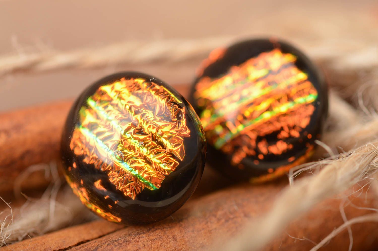 Beautiful handmade dichroic glass stud earrings of round shape Polar Lights photo 1