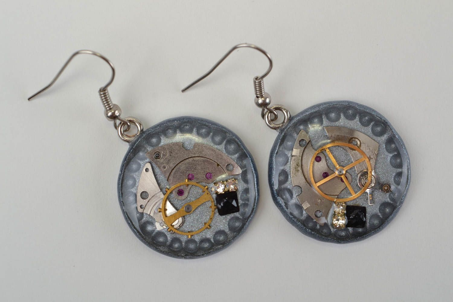Beautiful handmade designer polymer clay round earrings in steampunk style photo 3