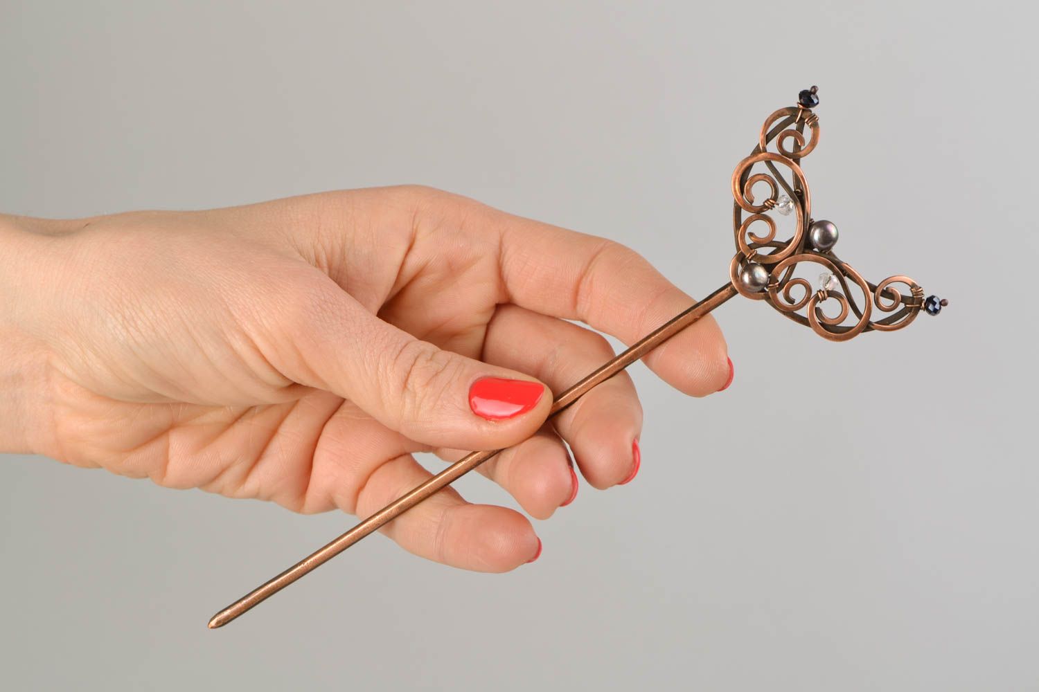 Designer copper hair pin made using wire wrap technique Lunula photo 2