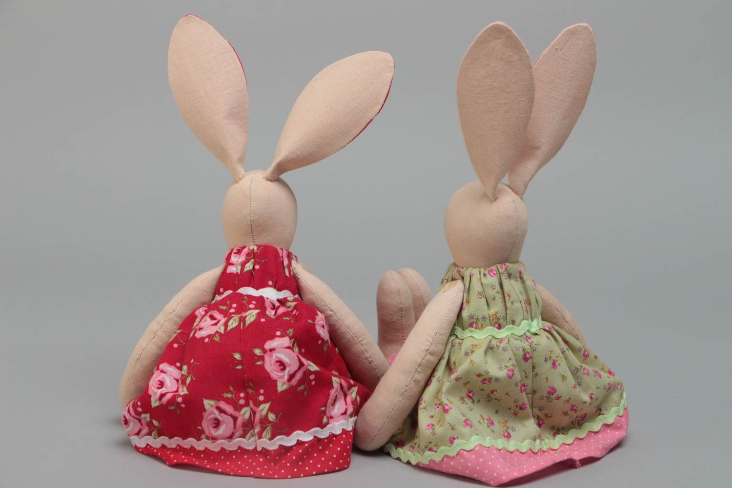 Set of 2 handmade cotton fabric soft toys rabbits in pink and red dresses photo 4
