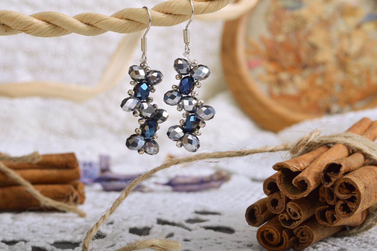 Handmade evening elegant dangle earrings with faceted blue beads for ladies  photo 1