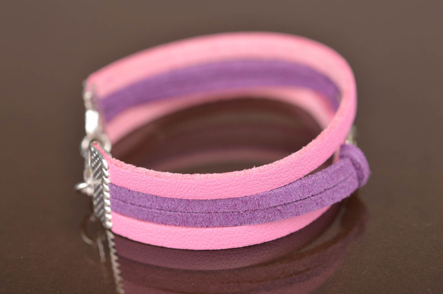 Handmade kid's pink and violet genuine leather wrist bracelet with infinity sign photo 5