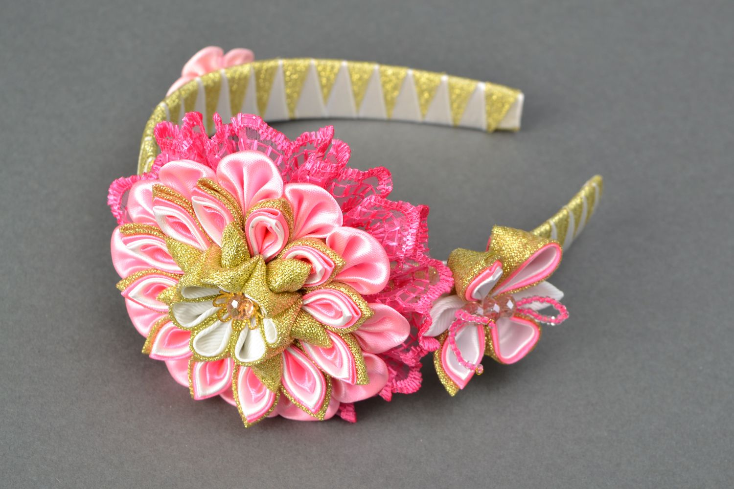 Kanzashi satin ribbon headband Pink Flower photo 2