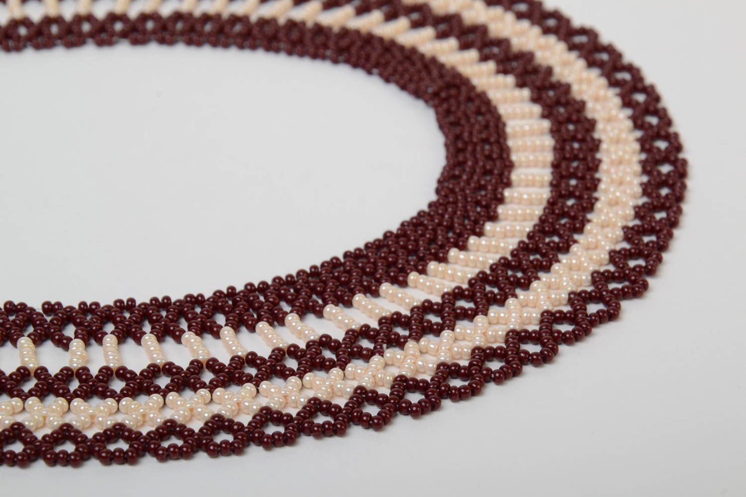 Brown and beige handmade designer wide necklace woven of Czech beads photo 4
