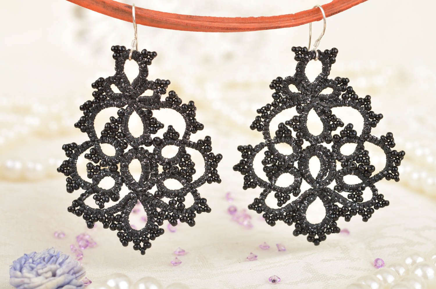 Handmade designer lace drop dangle tatted earrings festive black jewelry  photo 1