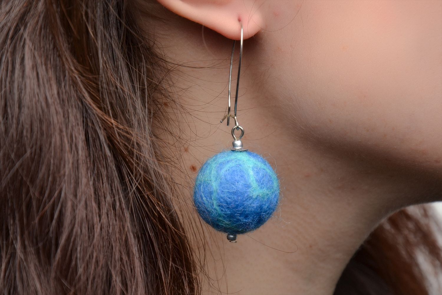 Felted wool earrings Blue Balls photo 2