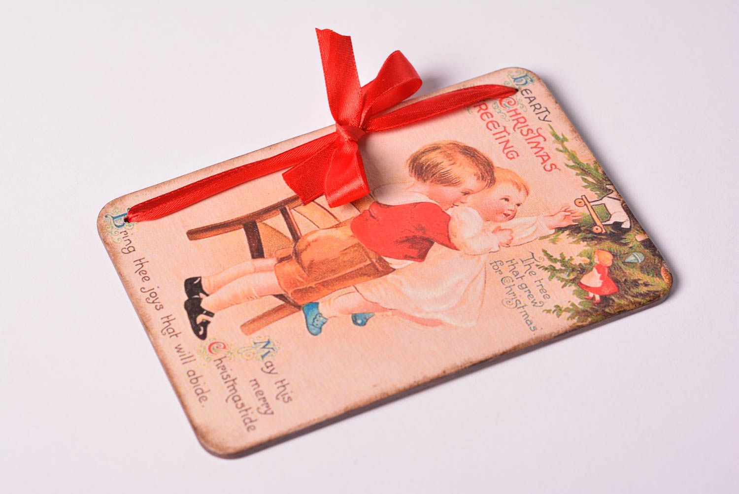 Carte de voeux Noël fait main en bois avec nœud rouge Cadeau original design photo 3