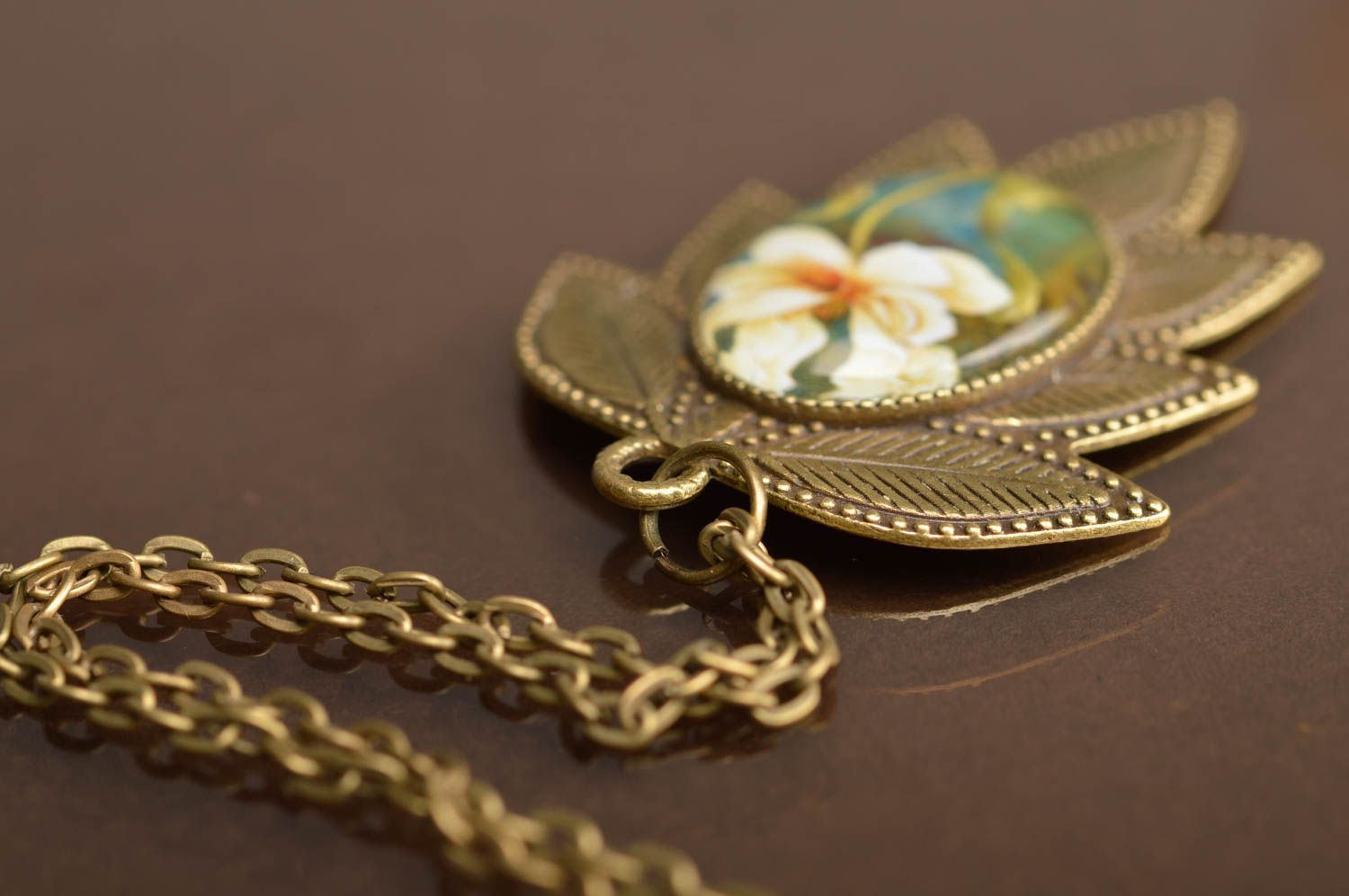 Unusual beautiful handmade designer metal neck pendant with cabochon for women photo 5