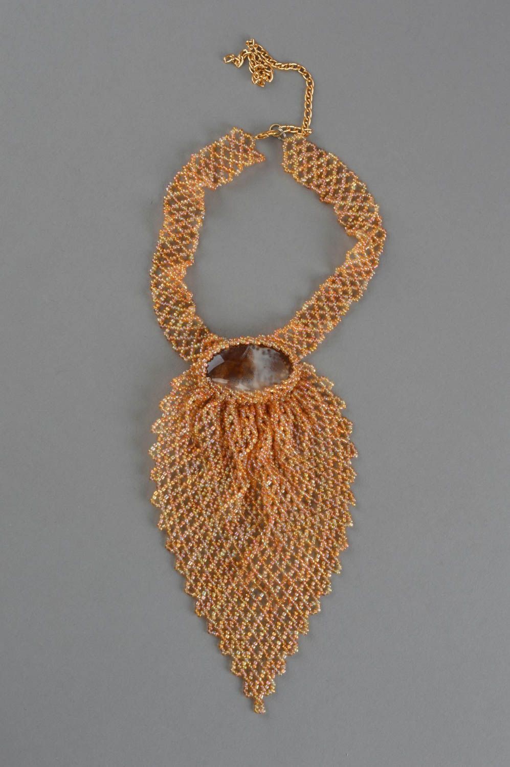 Glasperlen Collier Krawatte goldfarben künstlerische Halskette handmade  foto 2
