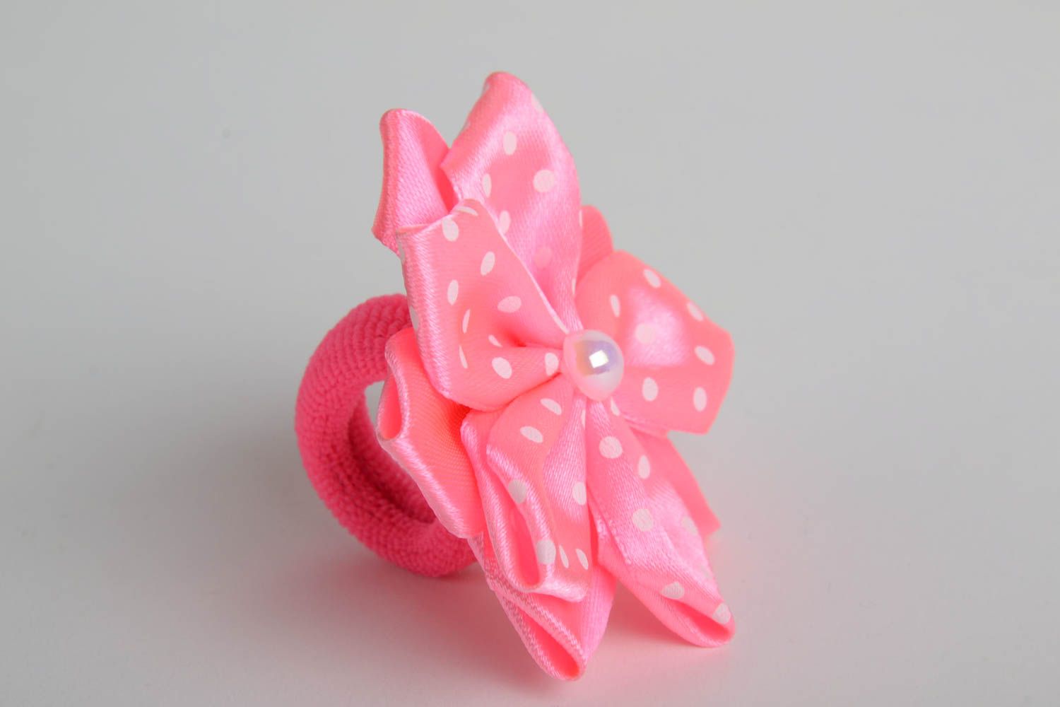 Handmade decorative hair tie with bright pink satin ribbon kanzashi flower photo 3