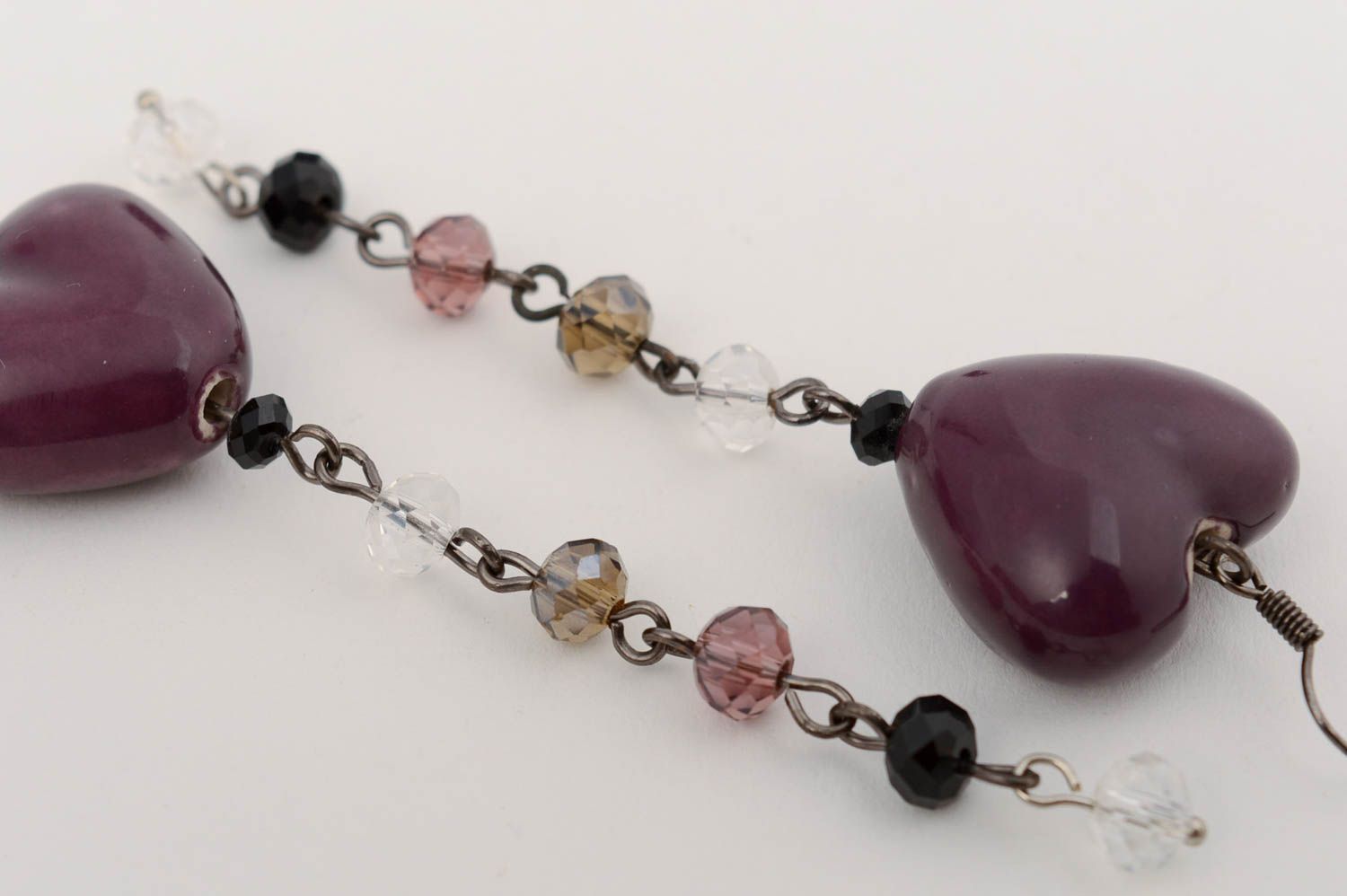 Handmade violet long dangle earrings with Czech crystal and ceramic beads photo 5
