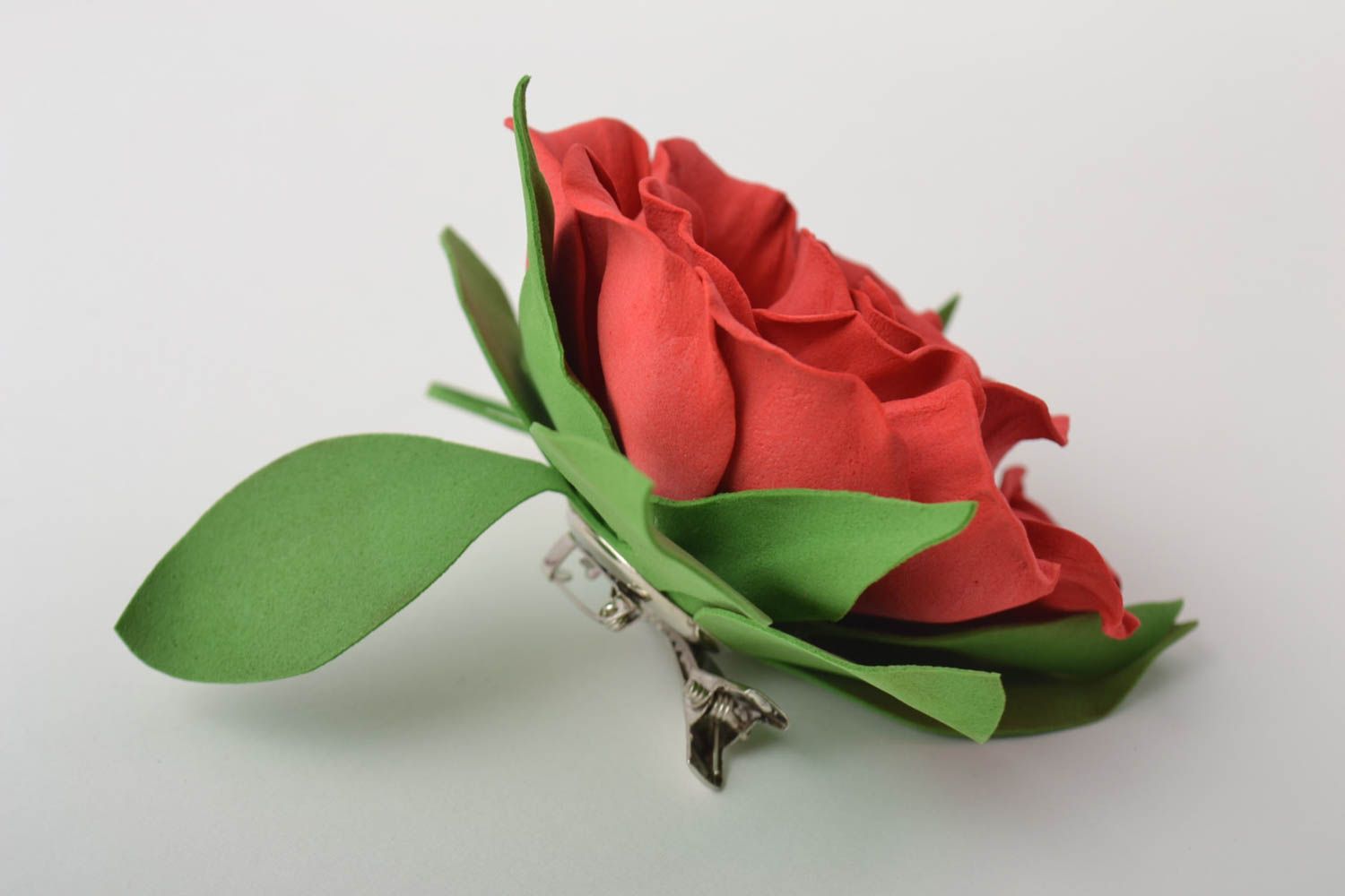 Barrette-broche fleur faite main en foamiran rouge originale belle Rose photo 5