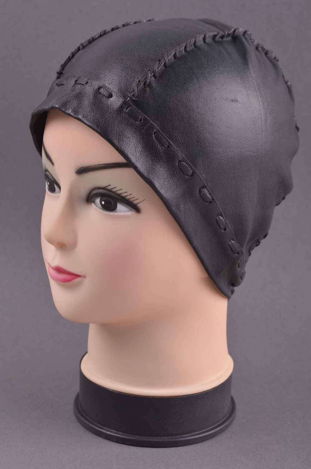 Handmade black leather cap unusual female cap stylish beautiful headwear photo 1