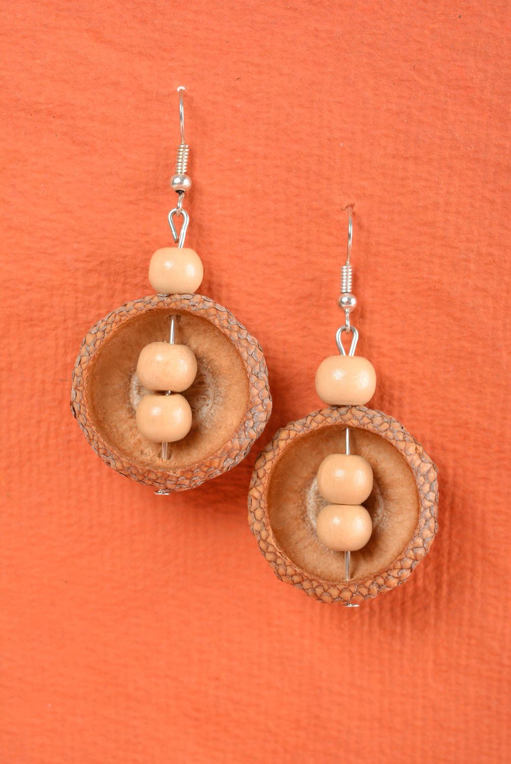 Earrings with wooden beads and acorns handmade designer jewelry in eco-style photo 5