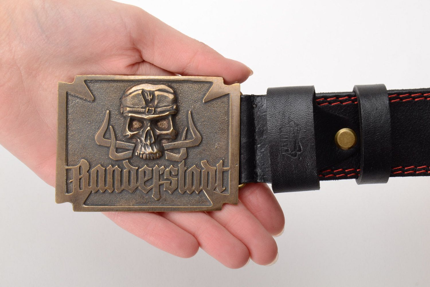 Homemade genuine leather belt with metal buckle and embossment in the shape of skull photo 5
