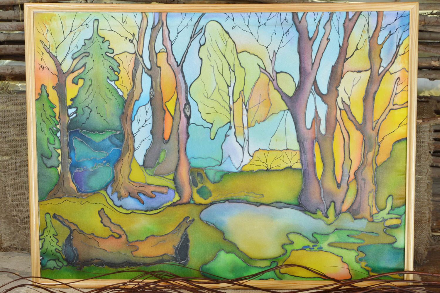Картина в технике холодный батик тканевая ручной работы авторская Озеро в лесу фото 1