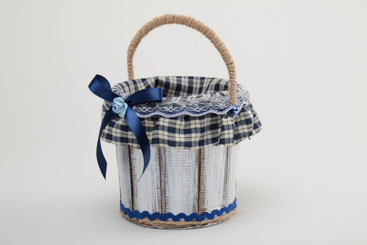 Handmade decorative carton bucket with blue checkered fabric with ribbon bow  photo 2