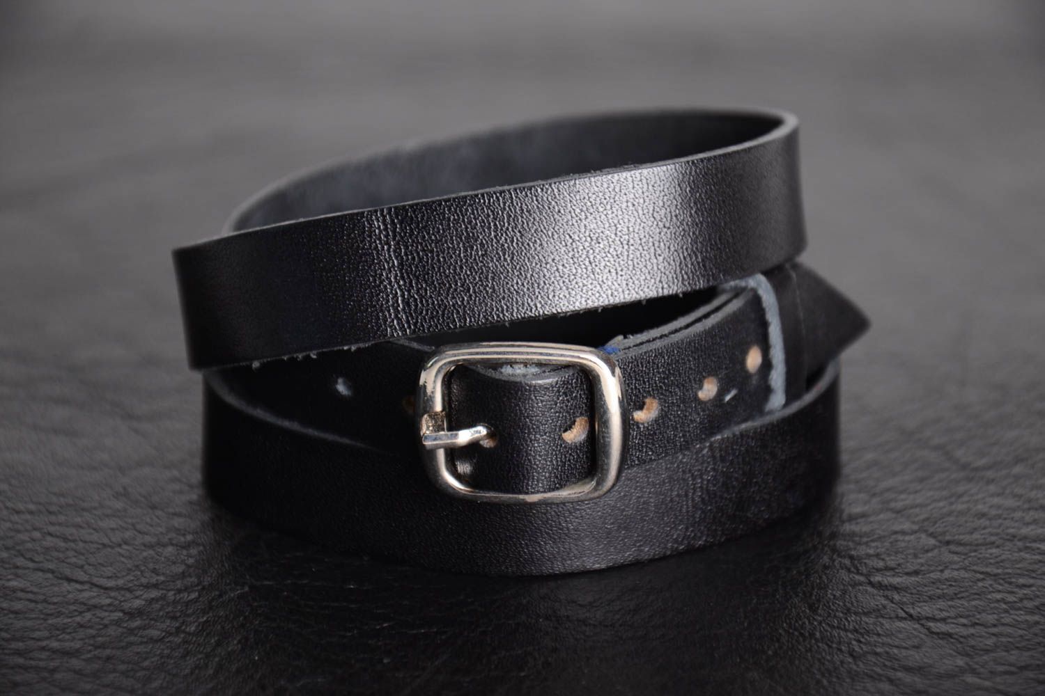 Black genuine leather wrist bracelet of adjustable size handmade unisex photo 1