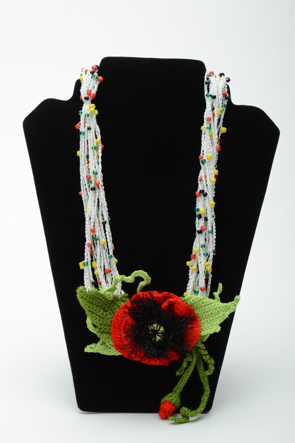 Acrylic and cotton hand crochet necklace with poppy flower photo 1