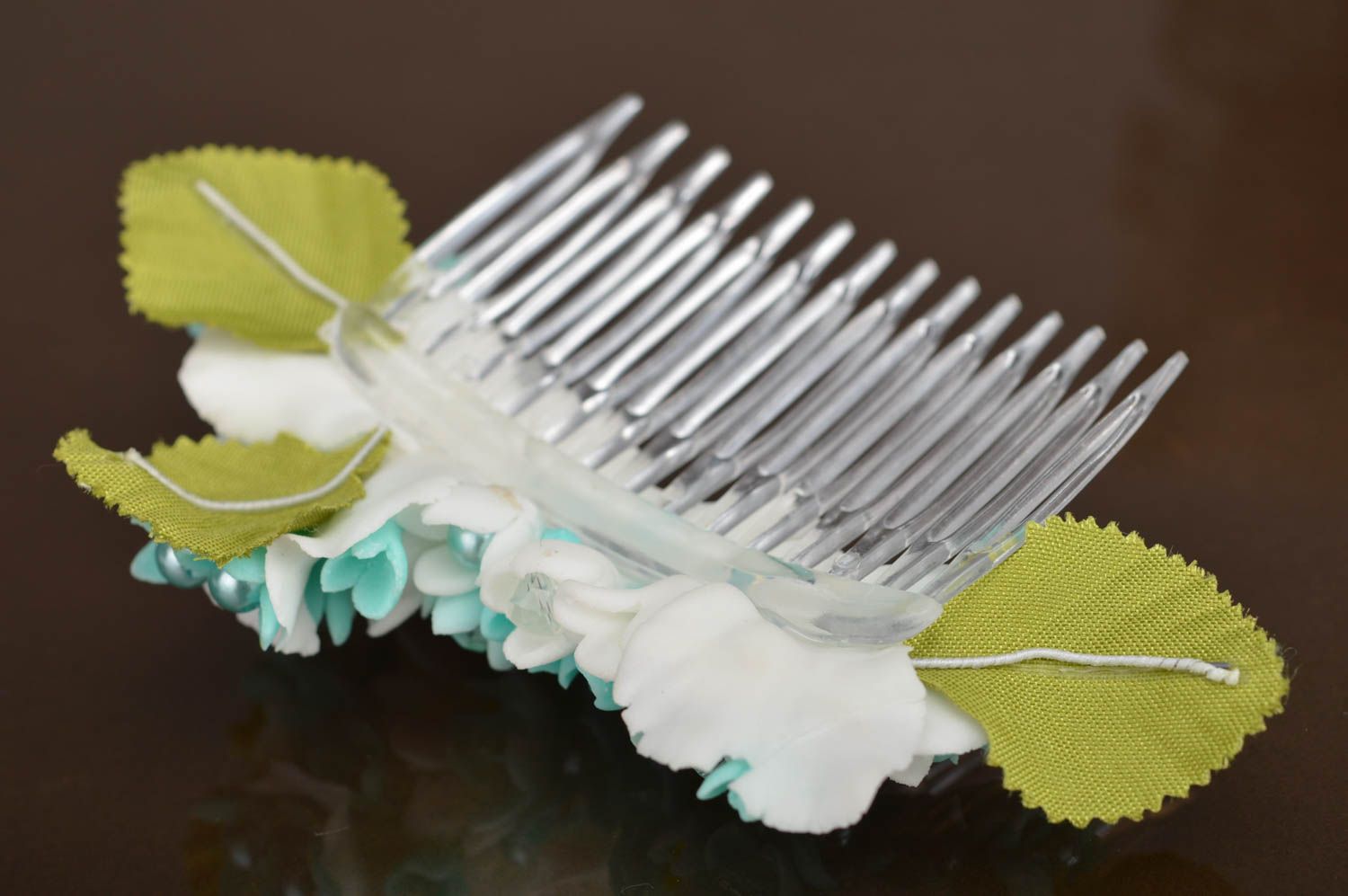 Unusual beautiful designer handmade polymer clay flower hair comb with beads photo 4