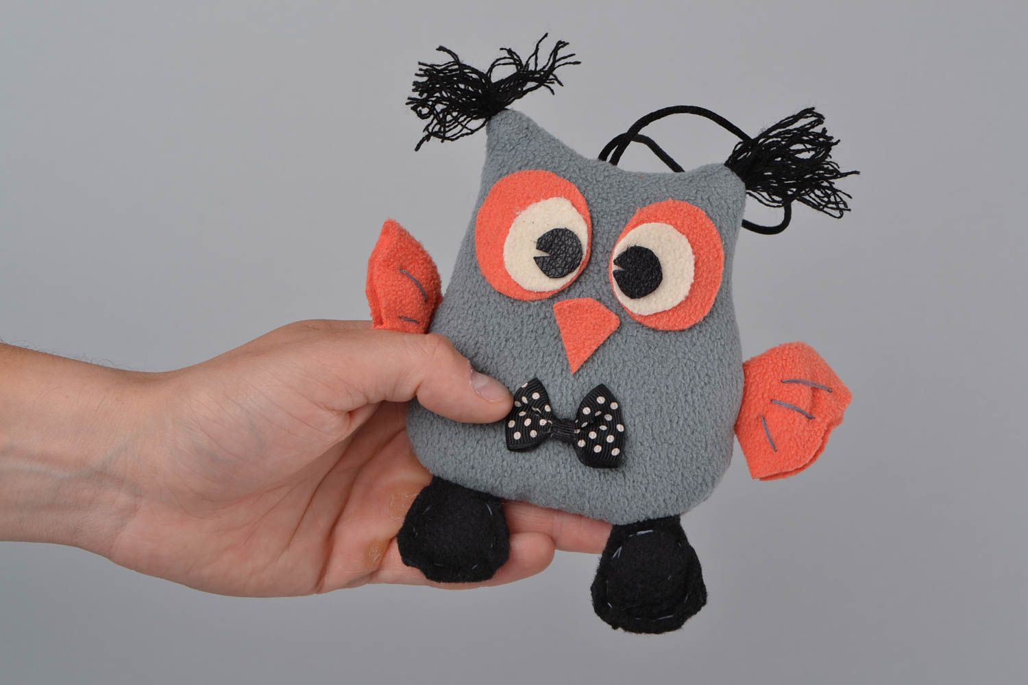 Toy with loop small owl grey with orange handmade decorative interior pendant photo 2