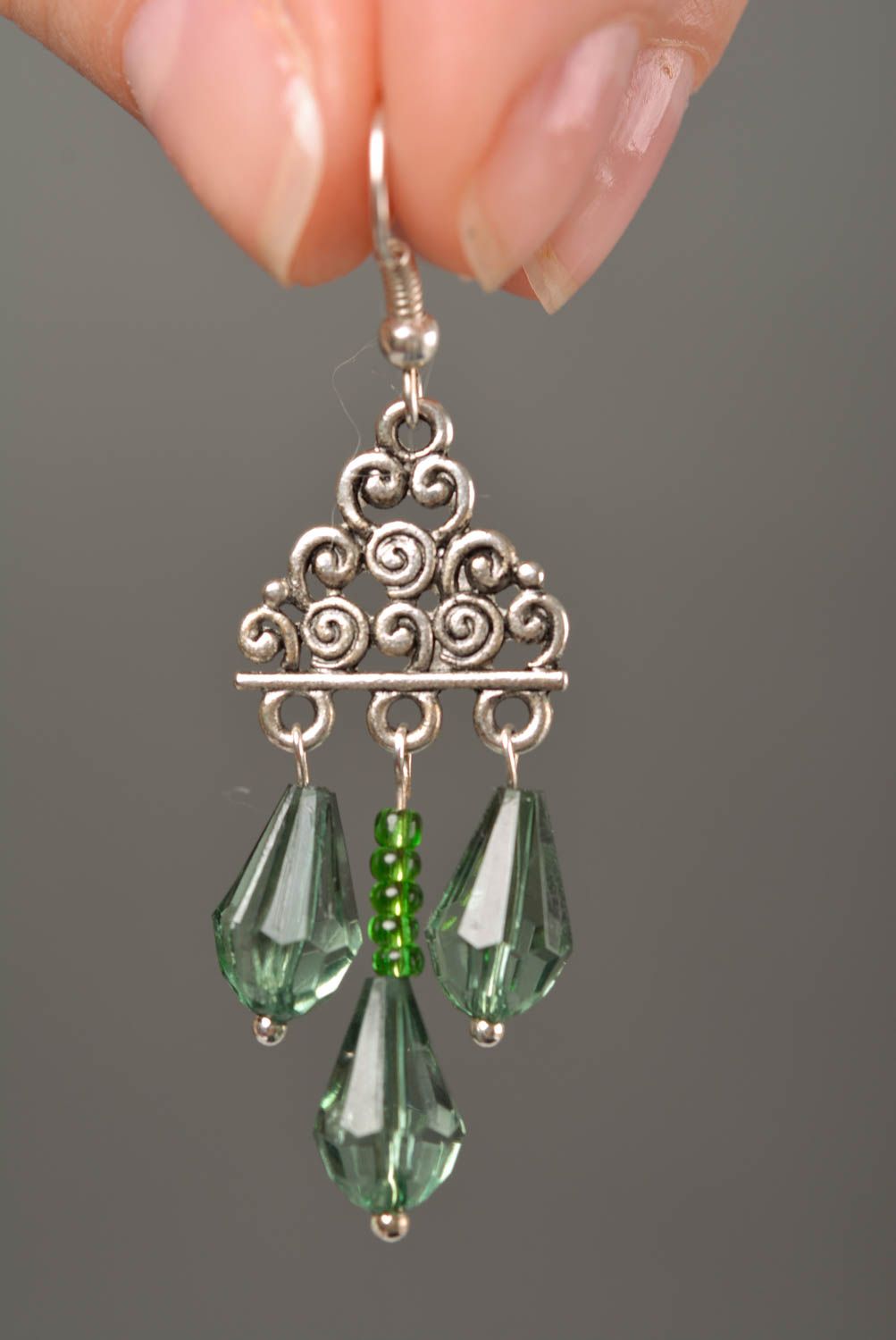 Metal earrings with green glass beads handmade jewelry in oriental style photo 2