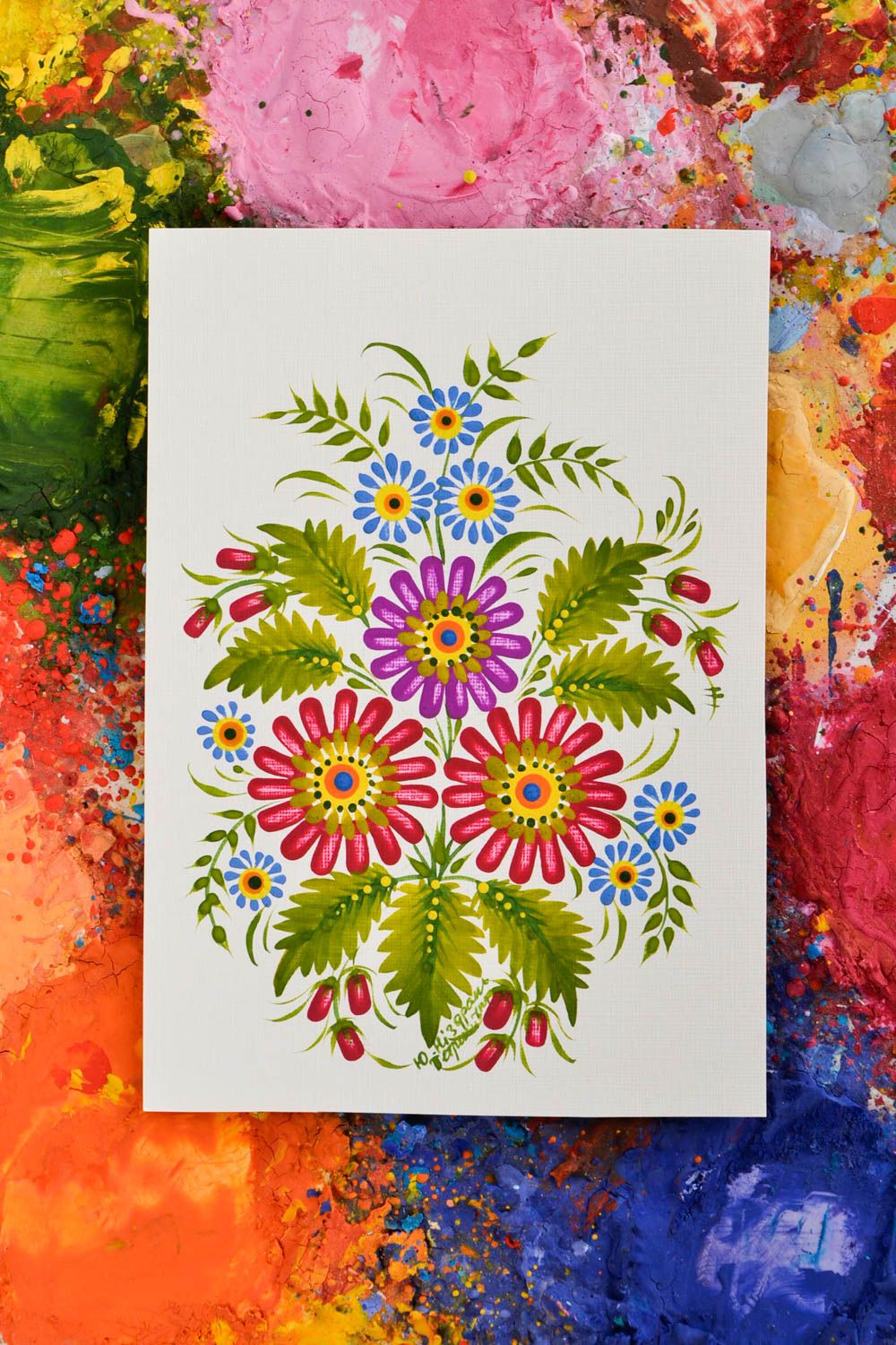 Carte de voeux faite main peinte à la gouache motifs floraux Petit cadeau photo 1