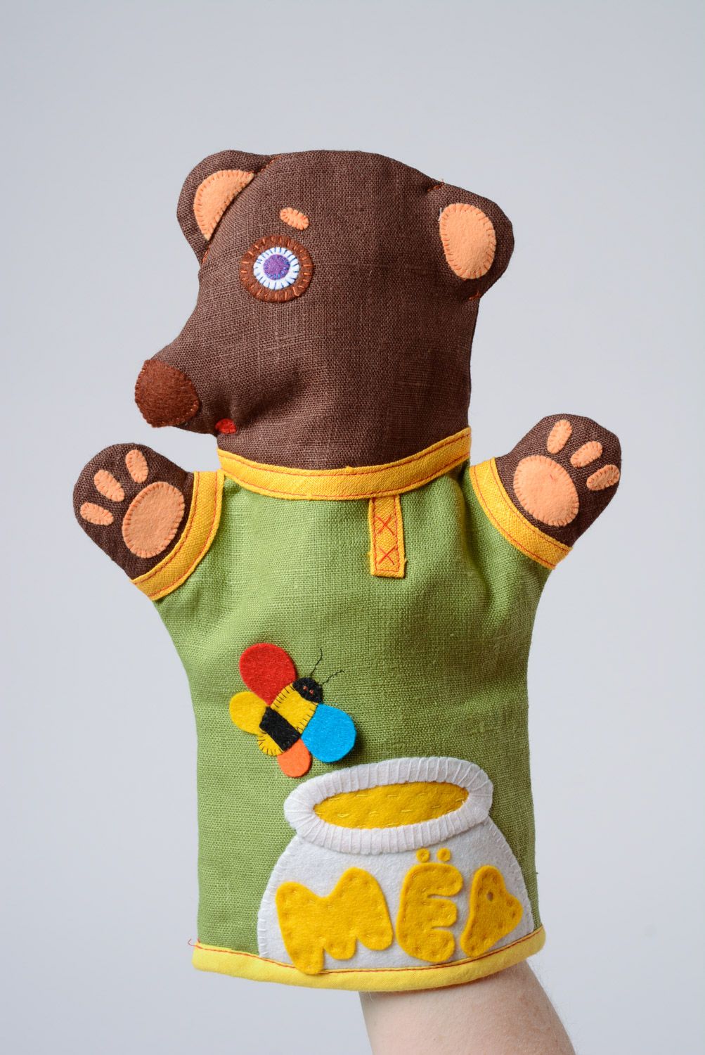 Handmade linen coarse calico and felt fabric puppet toy bear bebabo photo 5