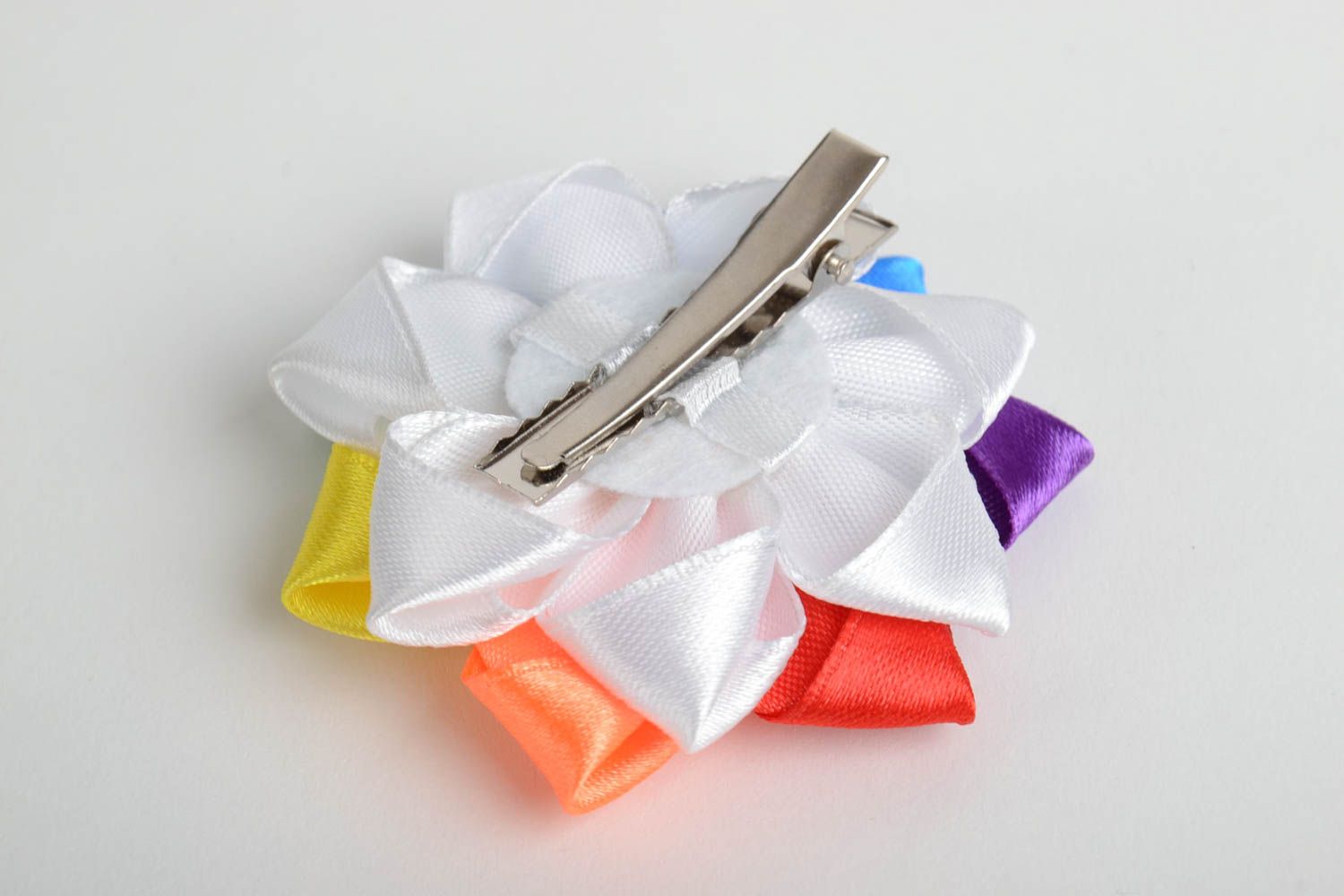 Homemade hair clip with satin ribbon kanzashi flower of rainbow coloring photo 3