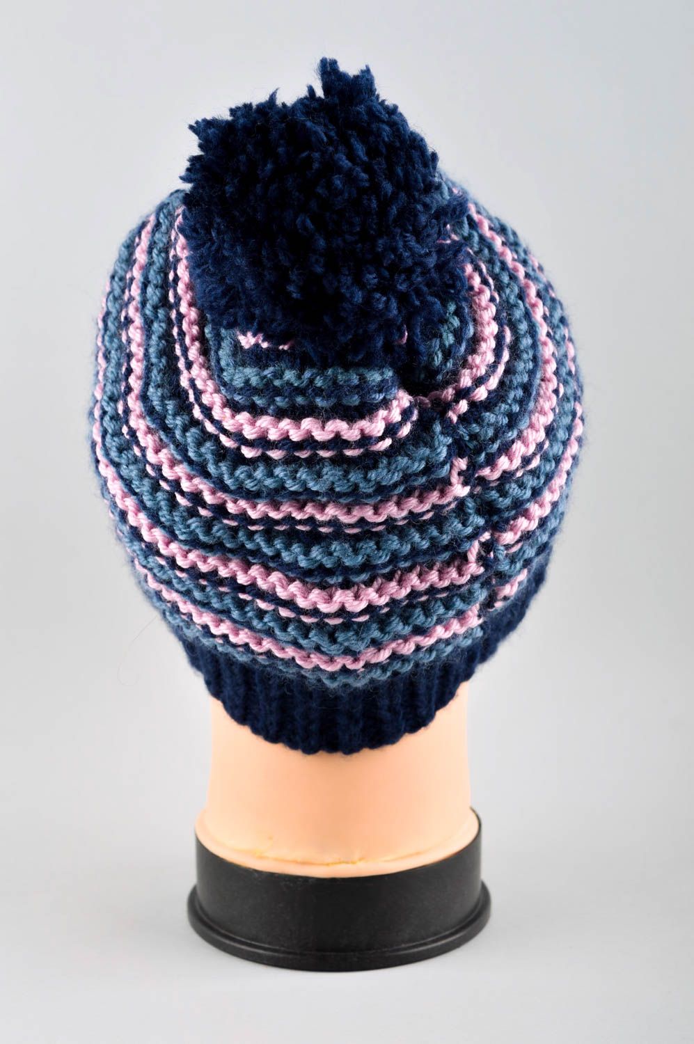 Вязаная шапка ручной работы зимняя шапка с помпоном вязаная шапочка синяя фото 4