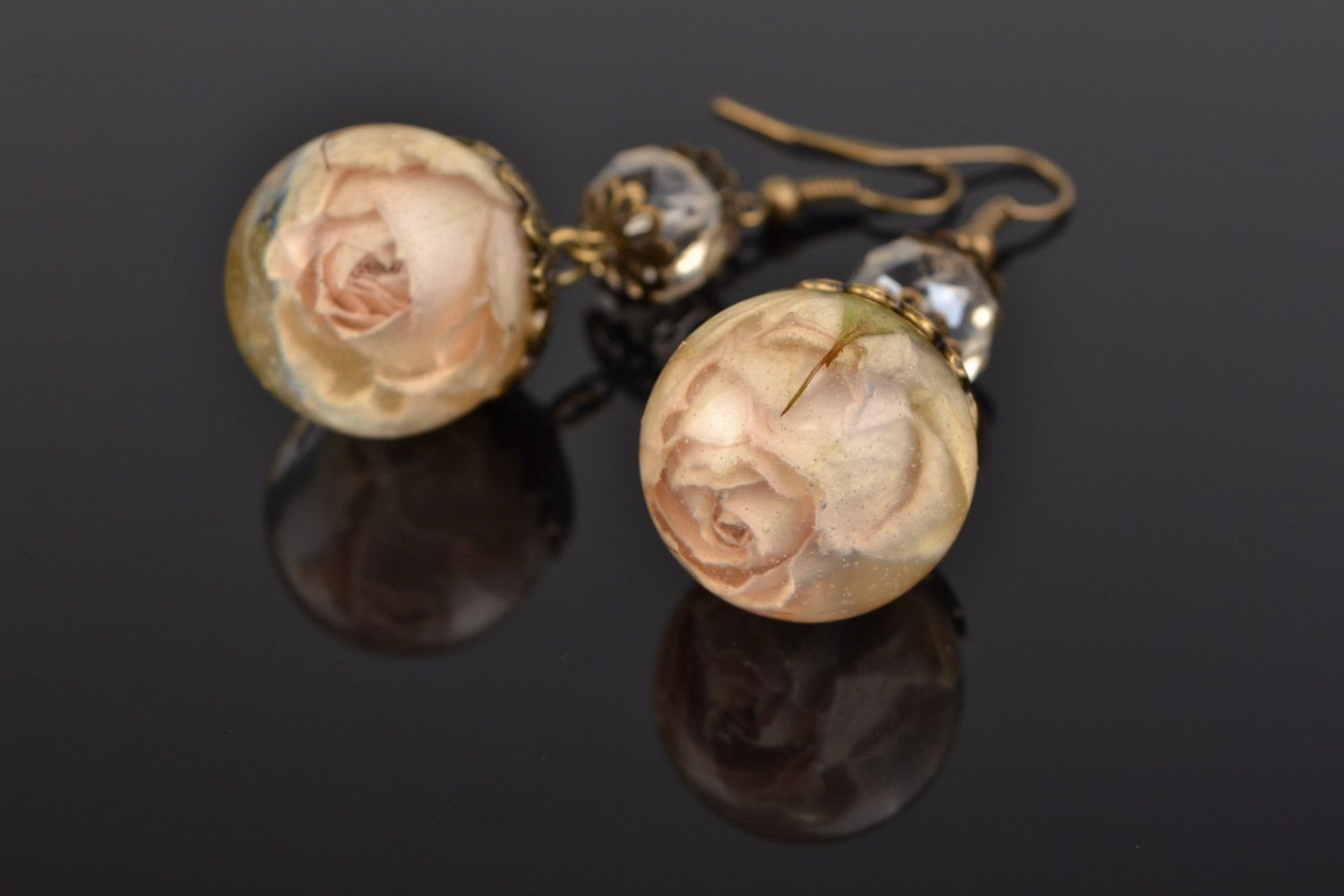 Handmade long ball earrings with real roses coated with epoxy and beads Cream photo 4