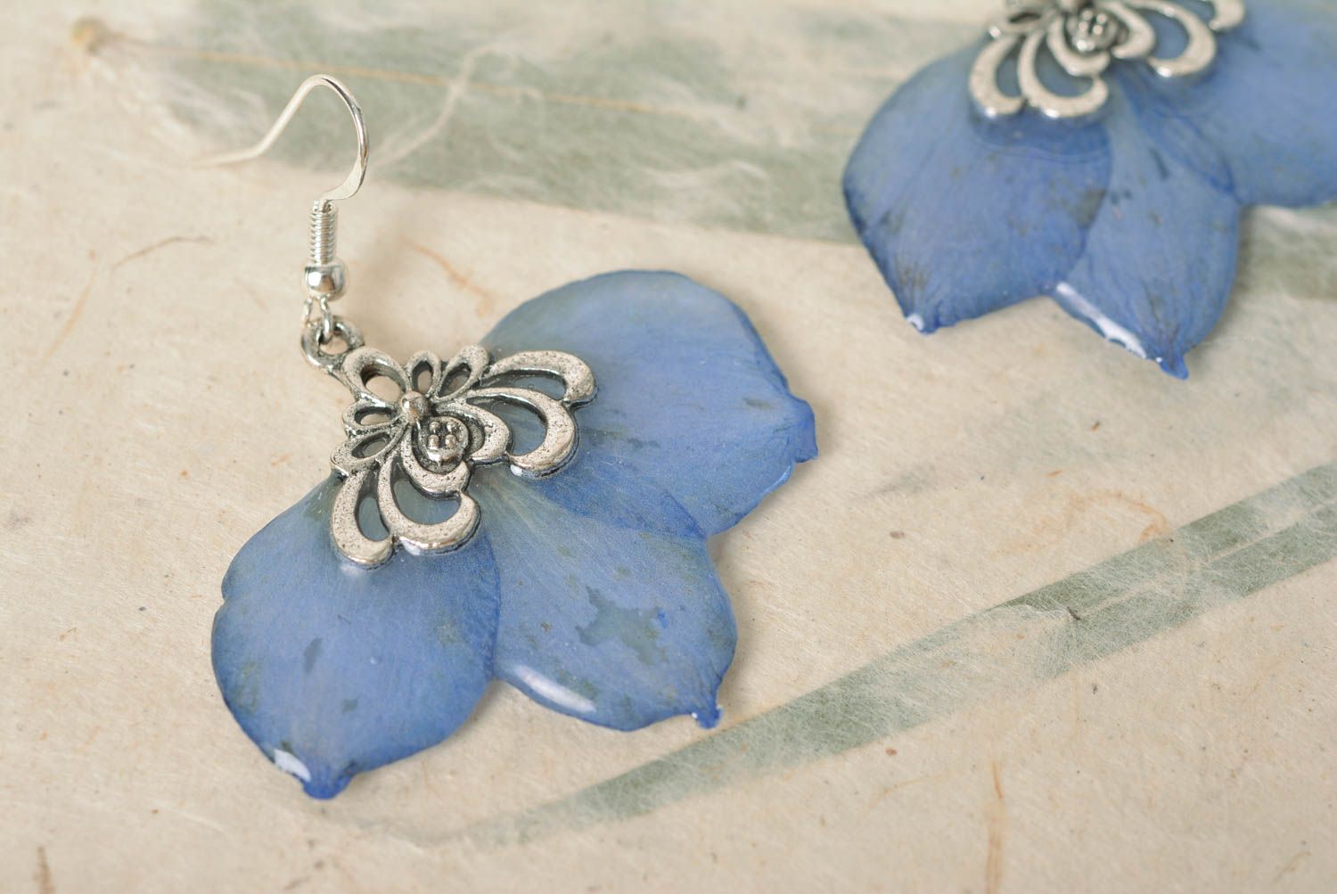 Beautiful festive blue handmade botanical earrings with epoxy coating photo 4