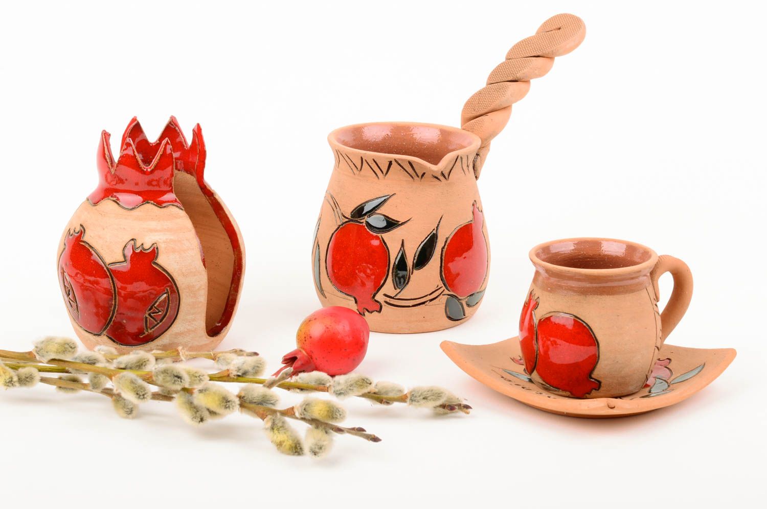 Handmade ceramic decorative set of coffee turk, coffee cup and napkin holder with garnet pattern photo 1