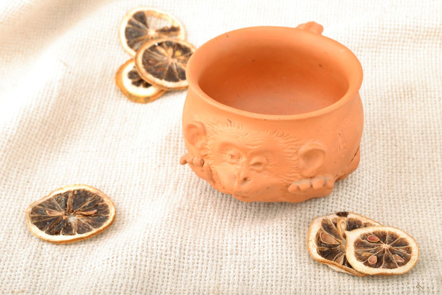 Art clay Mexican coffee cup with molded monkey face in terracotta color photo 5