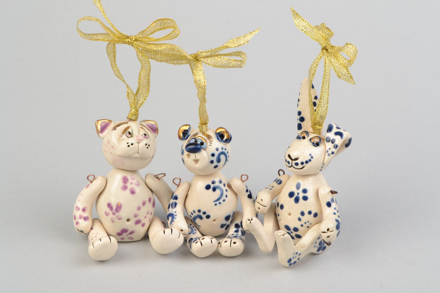 Set of 3 handmade ceramic wall hangings with ribbons bear rabbit and cat photo 1