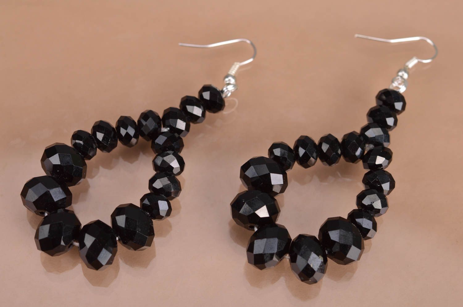 Handmade drop shaped dangle long black beaded earrings crystal designer evening photo 2