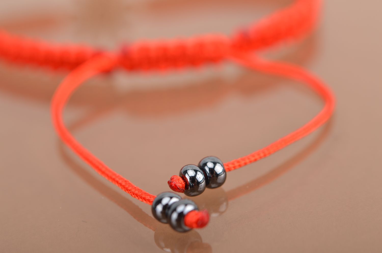 Handmade woven thin cute red bracelet made of silk threads with butterfly photo 4