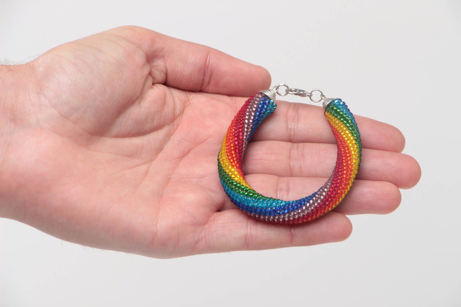 Handmade massive stylish wrist beaded cord bracelet of rainbow coloring photo 5