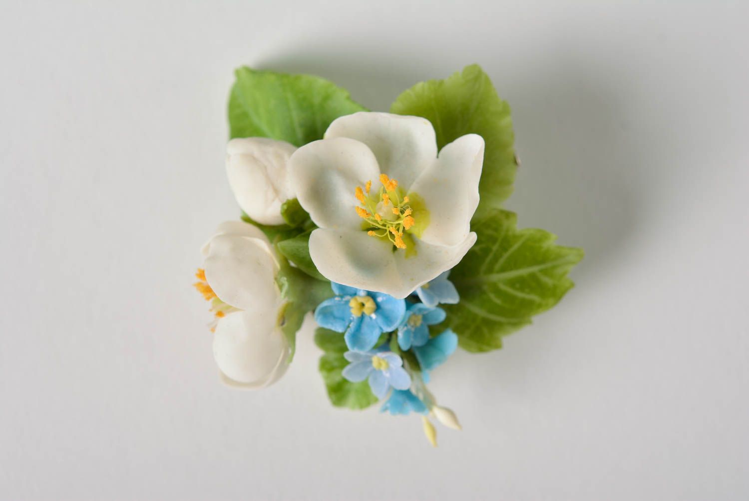 Handmade designer brooch with tender polymer clay white and blue flowers photo 5