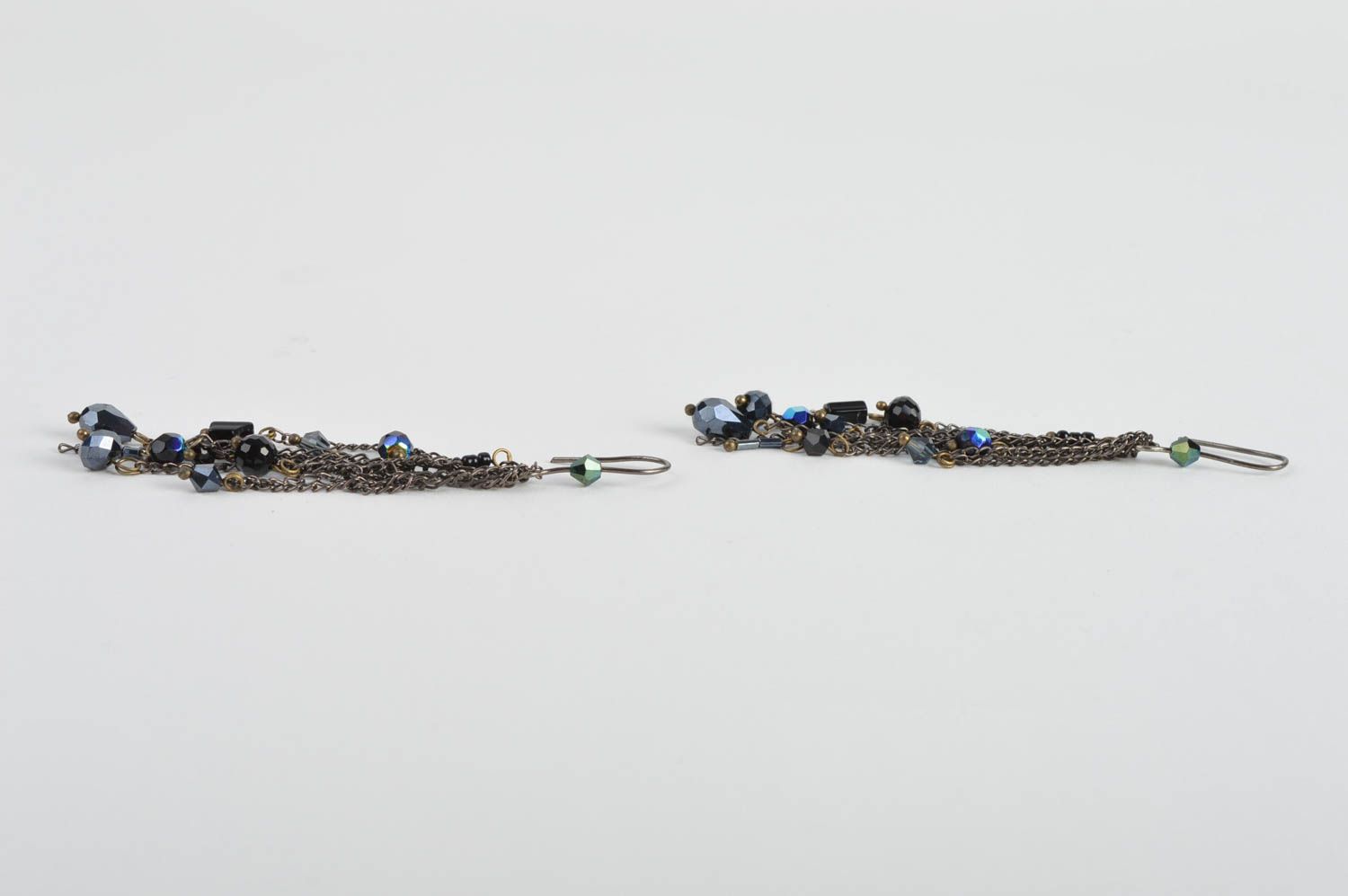 Handmade long festive earrings with glass black beads on metal chain photo 4