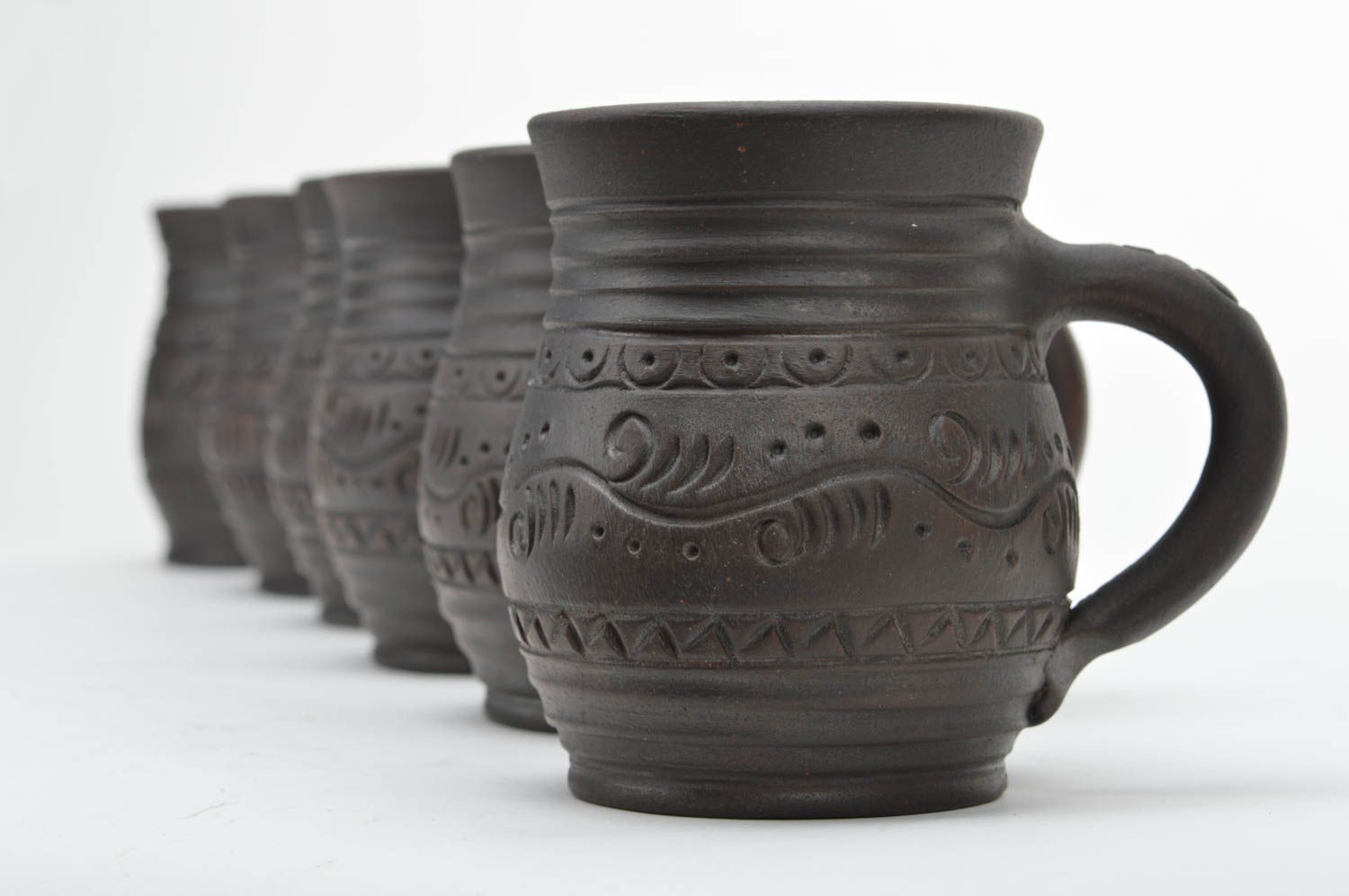 Set of 6 six 8 oz clay dark brown coffee cups with handle and ethnic classic pattern  photo 4