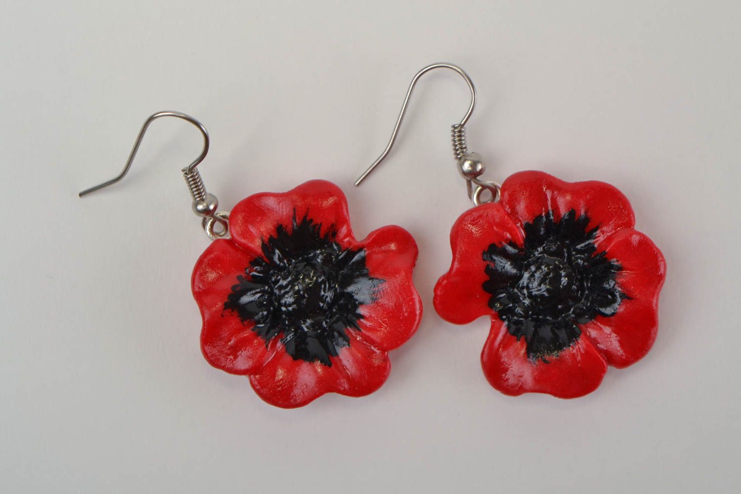 Beautiful handmade designer polymer clay flower earrings Red Poppies photo 5