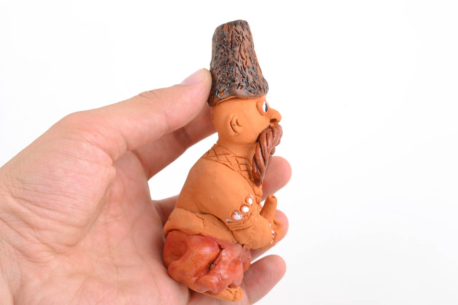 Handmade decorative figurine Cossack in hat made of red clay little funny statuette photo 2