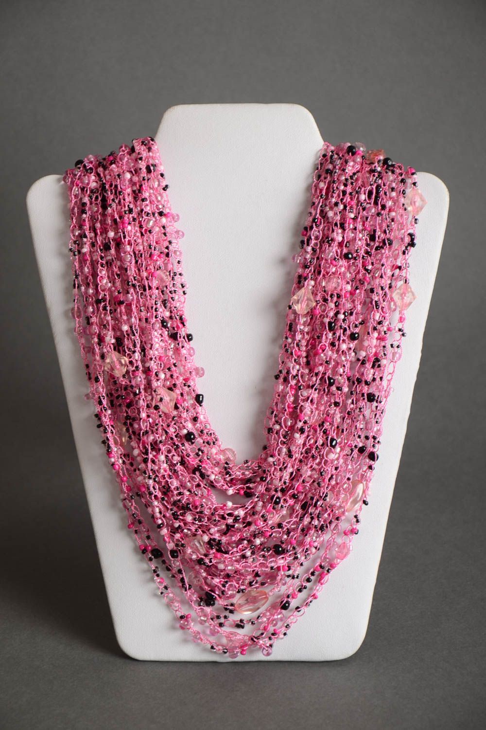Multirow handmade designer pink necklace woven of Czech beads photo 2