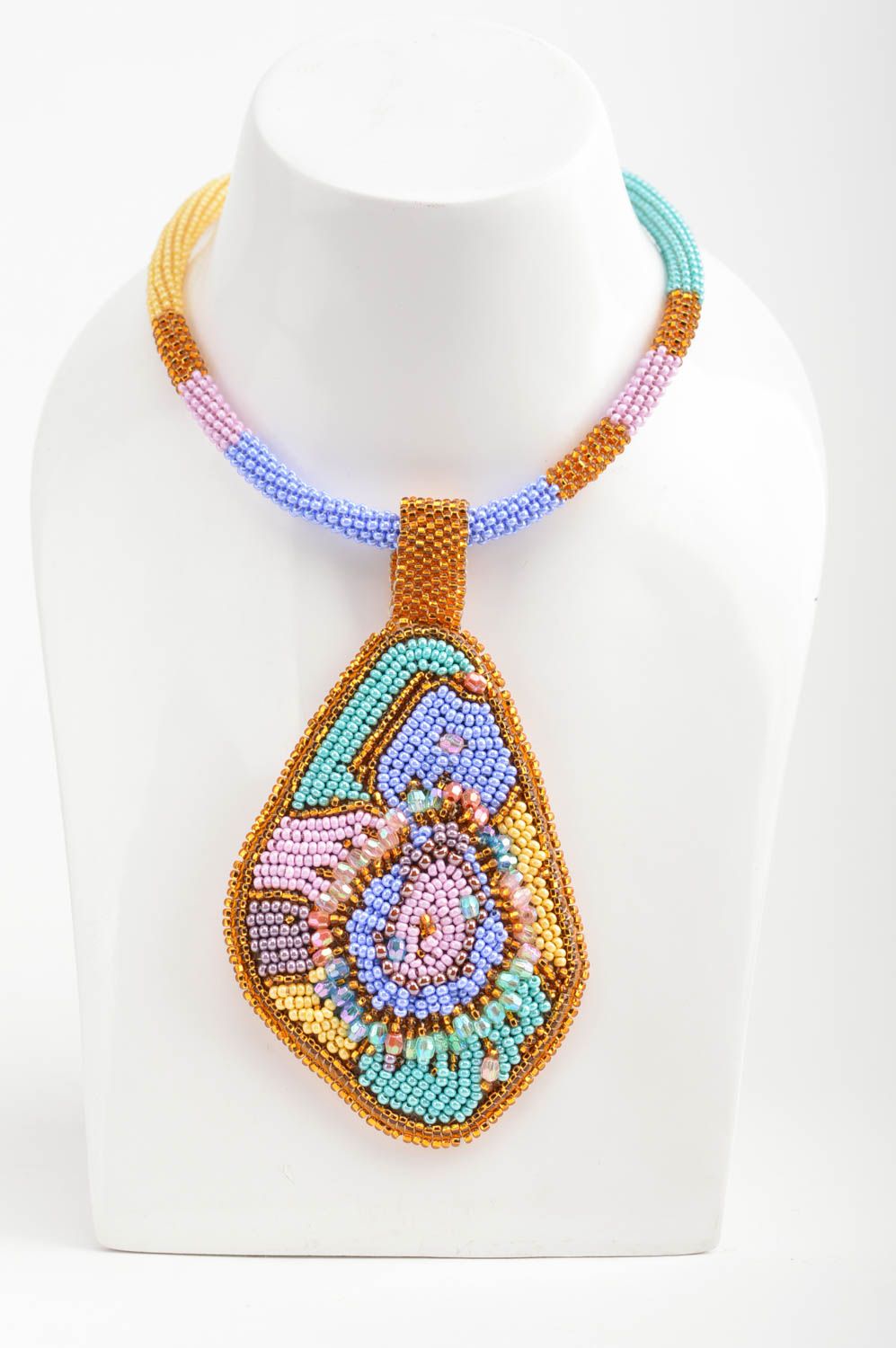 Beautiful bright handmade designer beaded cord necklace with pendant photo 1